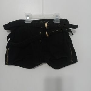 Clash black denim short shorts with buckles and zippers